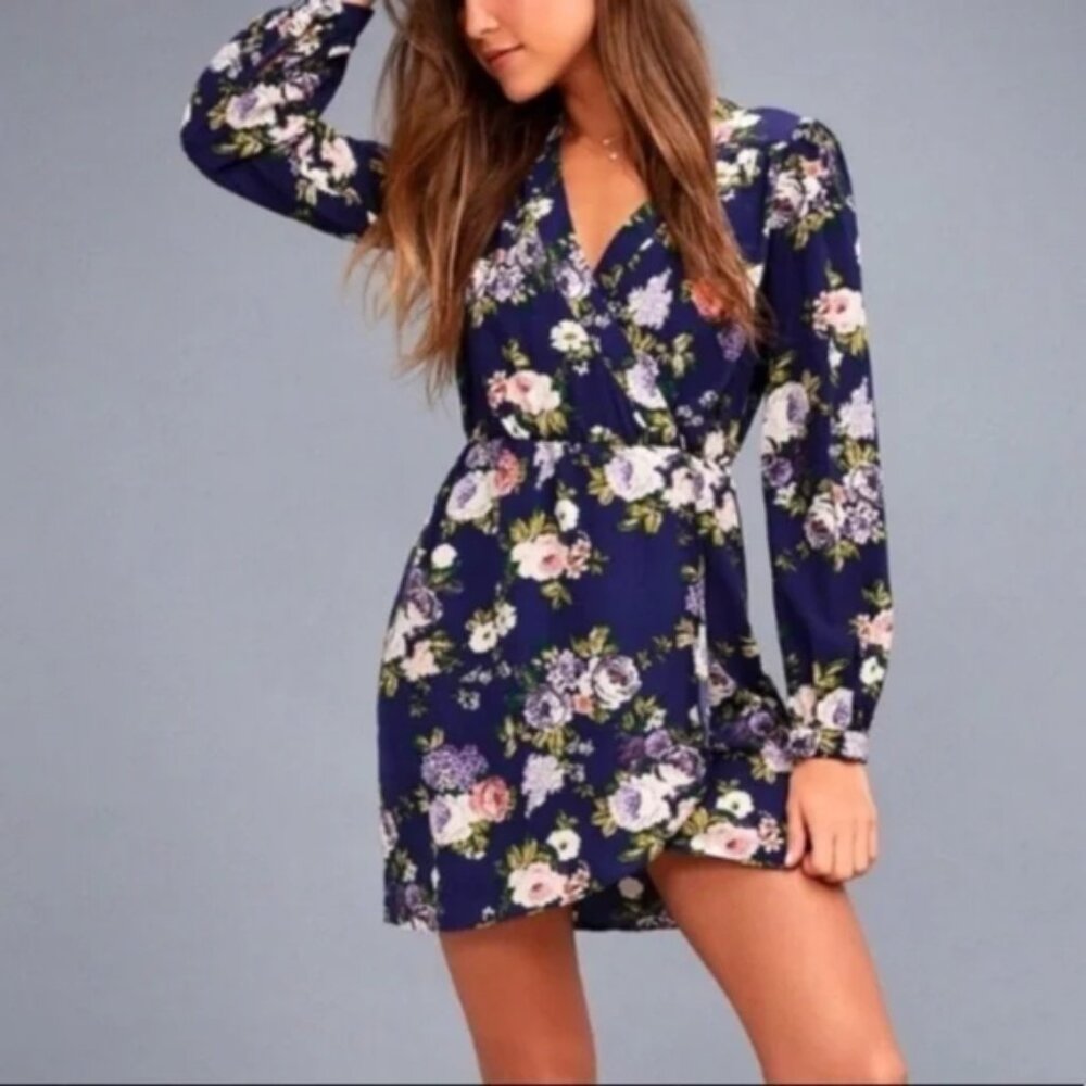 Lulus Honey Punch Floral Blue Faux Wrap Cottagecore Feminine Longsleeve Dress S - Picture 2 of 10